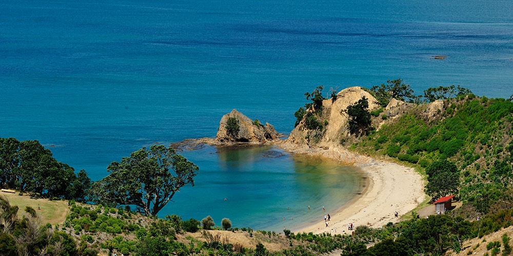 Aerial of Ladies Bay beach on Rotoroa Island