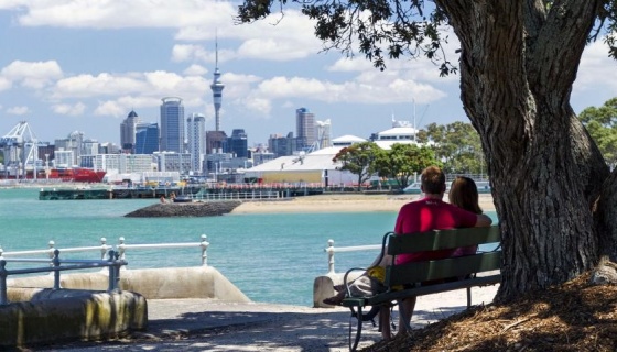 Couple sitting under a tree by the waterfront city landscape in the distance