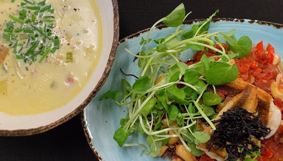 Two beautifully presented seafood dishes - Auckland Seafood School