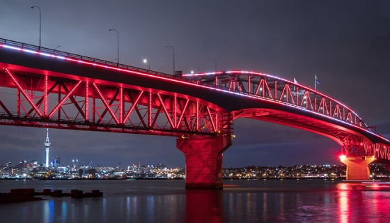 Auckland's Harbour Bridge shines as it is lit up by Vector Lights
