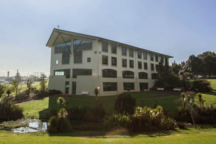 Large building surrounded by grass and trees 